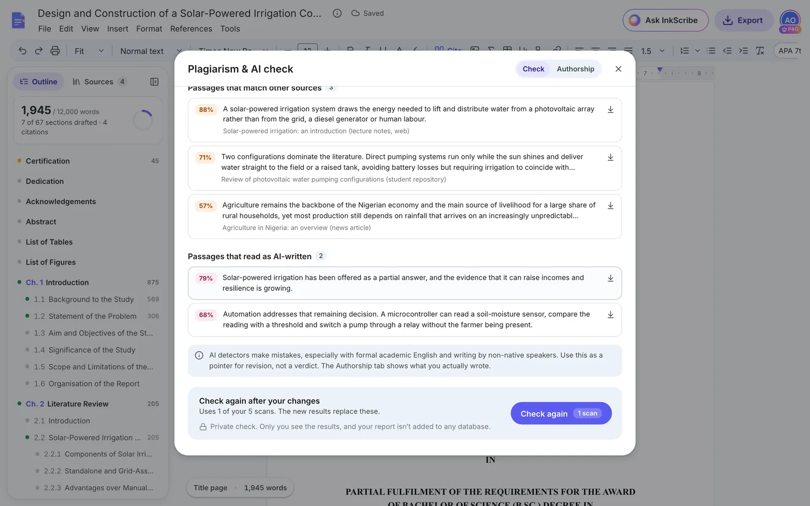 Passages that read as AI-written, each with a percentage, followed by a note that AI detectors make mistakes and a Check again button