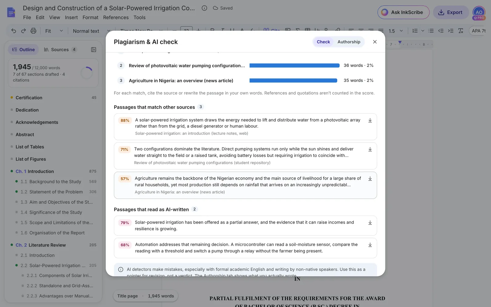 The list of passages that match other sources, each with a similarity percentage and the source, and the list of passages that read as AI-written