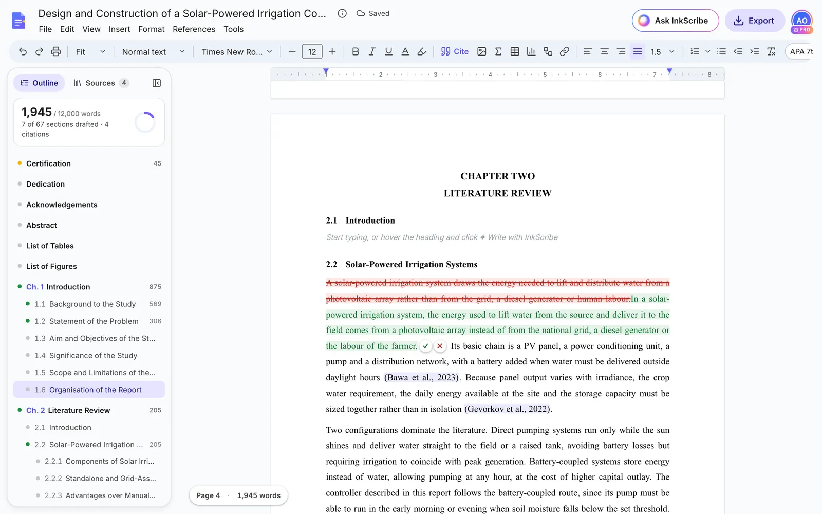 A suggested paraphrase shown in the report, with the original sentence struck through in red, the new sentence in green, and buttons to accept or reject