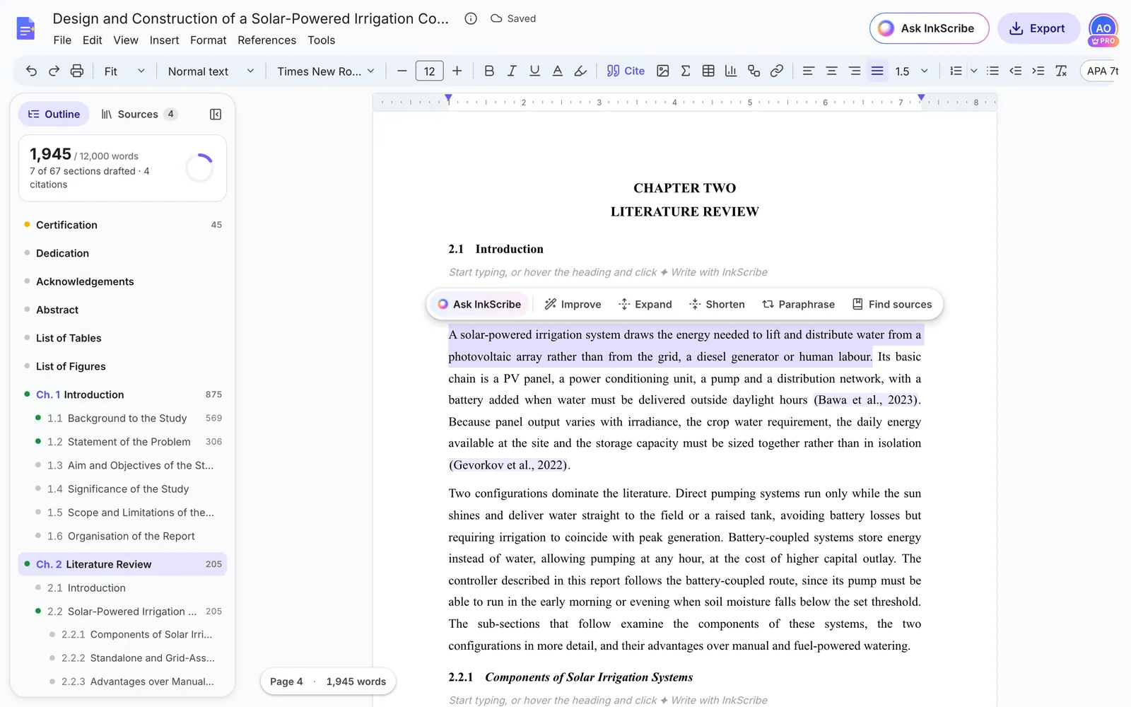 A matched sentence selected in the report, with the selection menu showing Ask InkScribe, Improve, Expand, Shorten, Paraphrase and Find sources