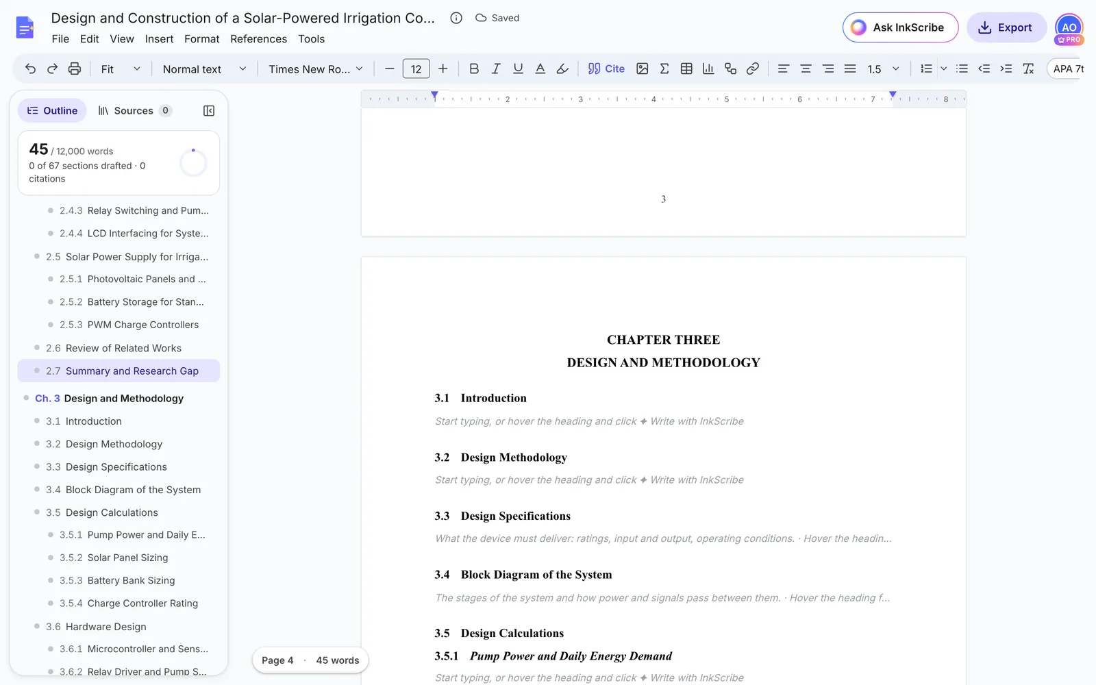 The outline of Chapter Three: introduction, design methodology, design specifications, block diagram, design calculations with pump power, solar panel, battery and charge controller sizing, hardware design, software design, component selection and bill of engineering measurement and evaluation