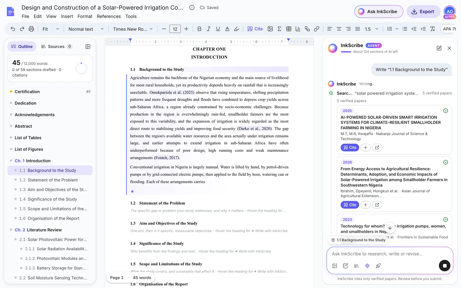 InkScribe writing 1.1 Background to the Study into the page, with verified papers listed on the right