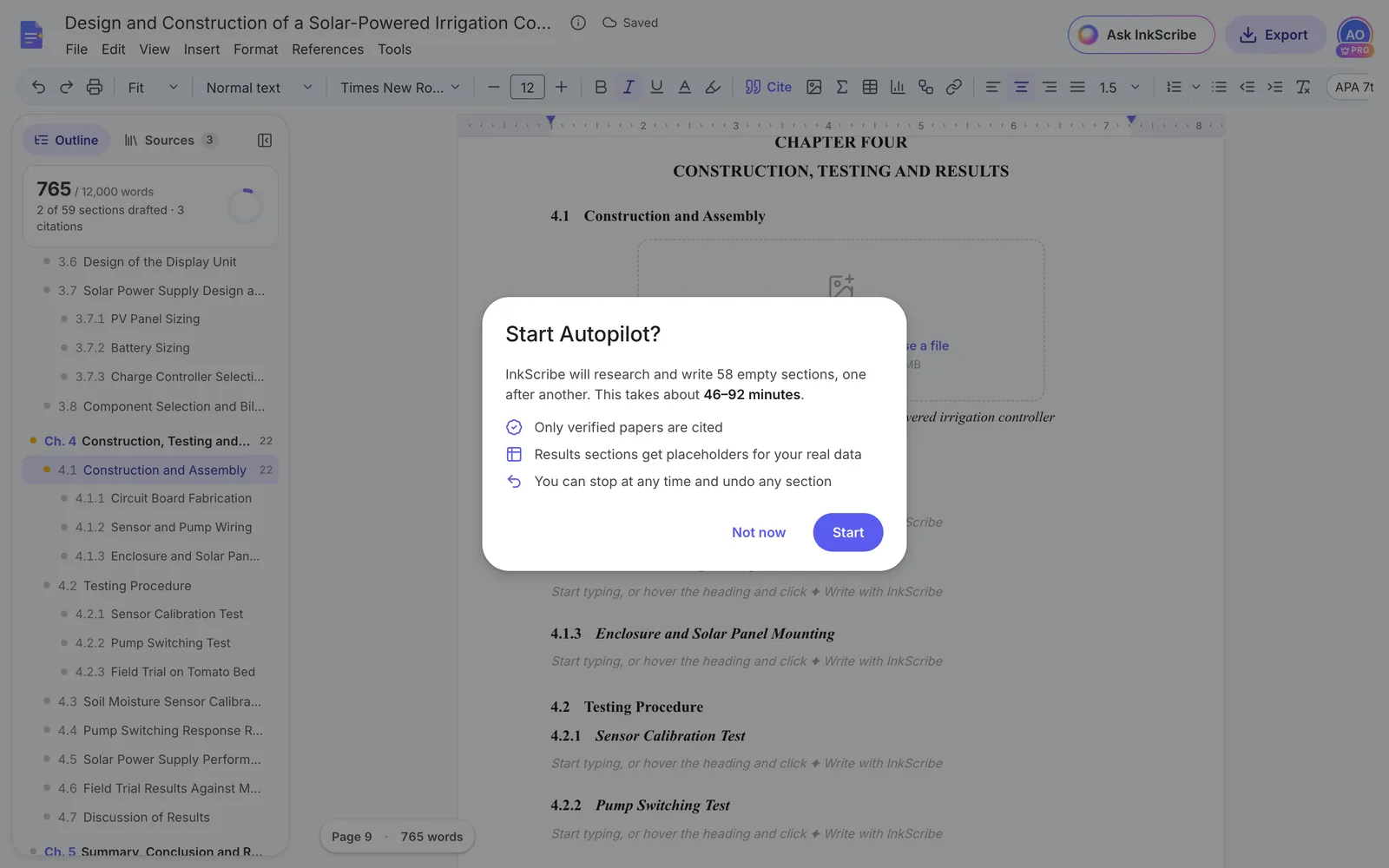 The Start Autopilot dialog: InkScribe will research and write 58 empty sections, about 46 to 92 minutes; only verified papers are cited; results sections get placeholders; stop at any time and undo any section