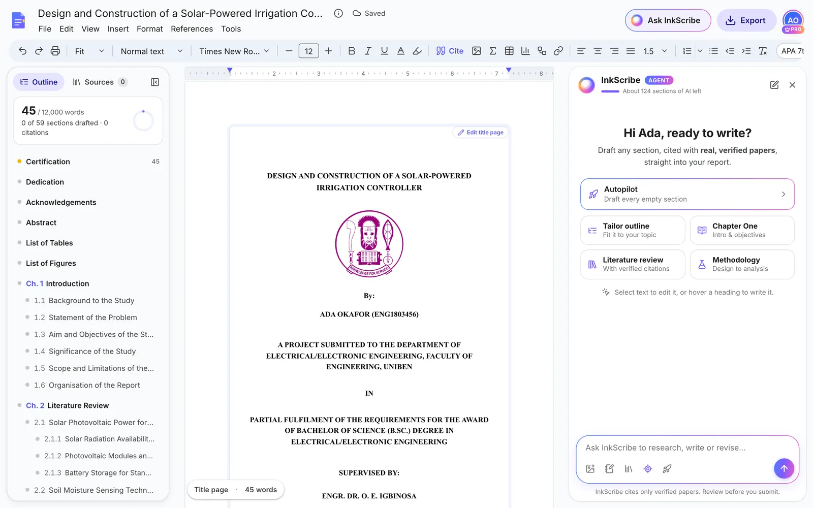 The editor with the outline on the left, the title page with the UNIBEN crest in the middle and the InkScribe panel on the right offering Autopilot, Tailor outline and chapter shortcuts