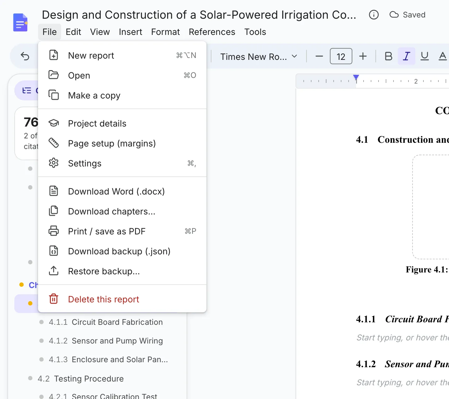 The File menu with Download Word, Download chapters, Print or save as PDF, and backup options