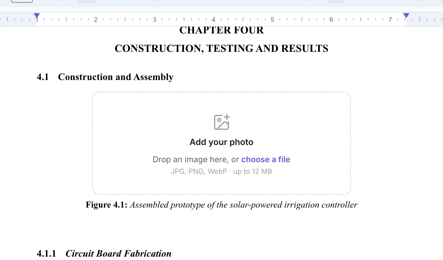 A photo placeholder under 4.1 Construction and Assembly, captioned Figure 4.1: Assembled prototype of the solar-powered irrigation controller