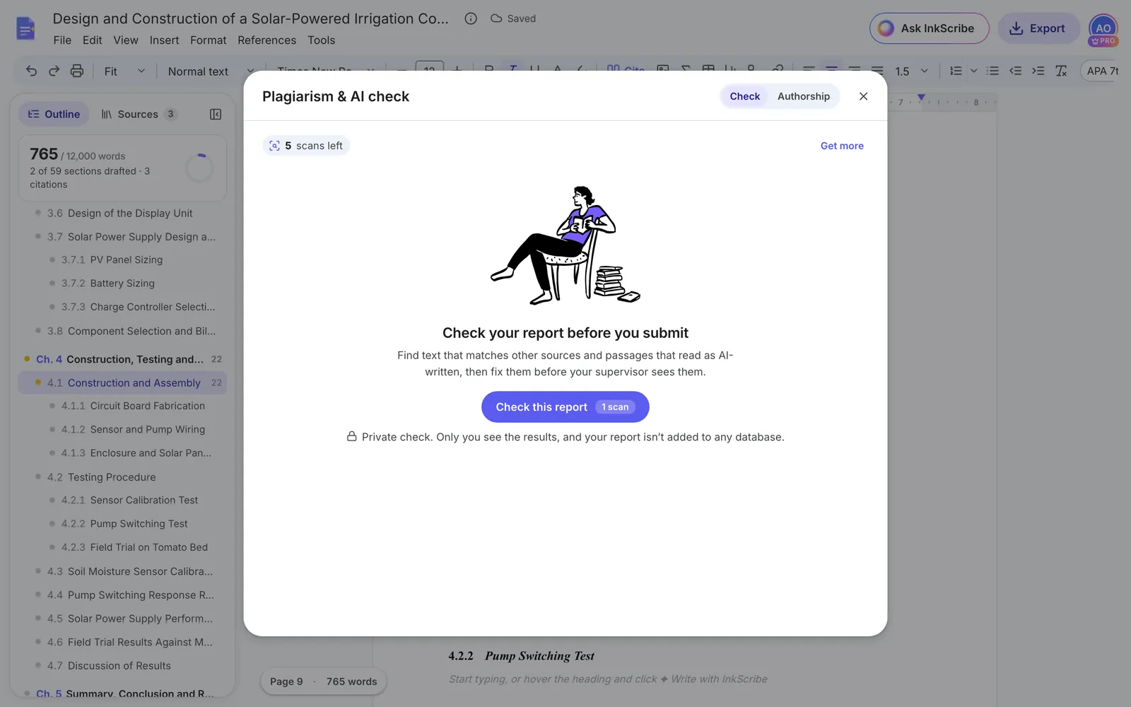 The Plagiarism and AI check window with five scans left and a Check this report button