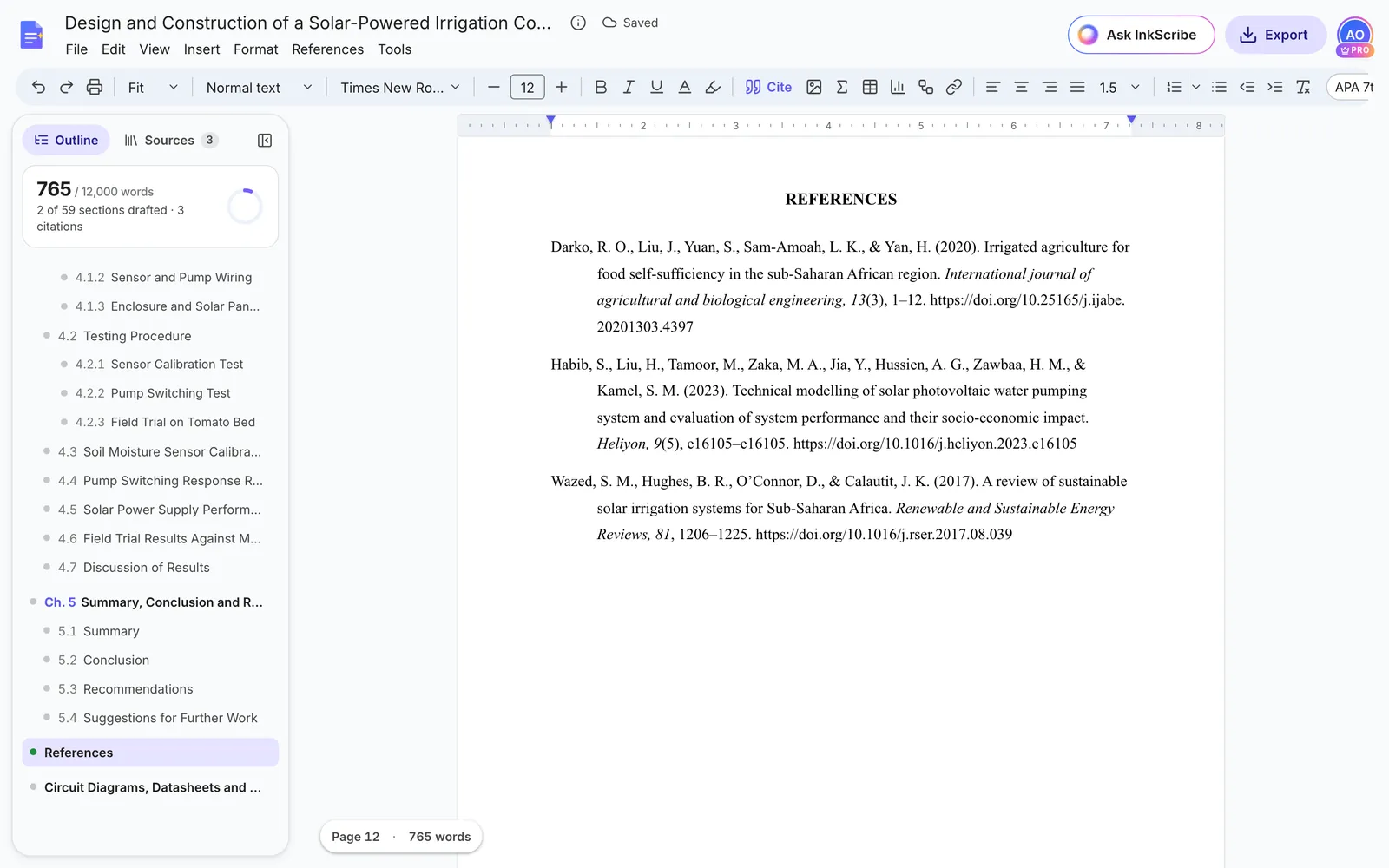 The References page listing three papers in APA 7th style with DOIs