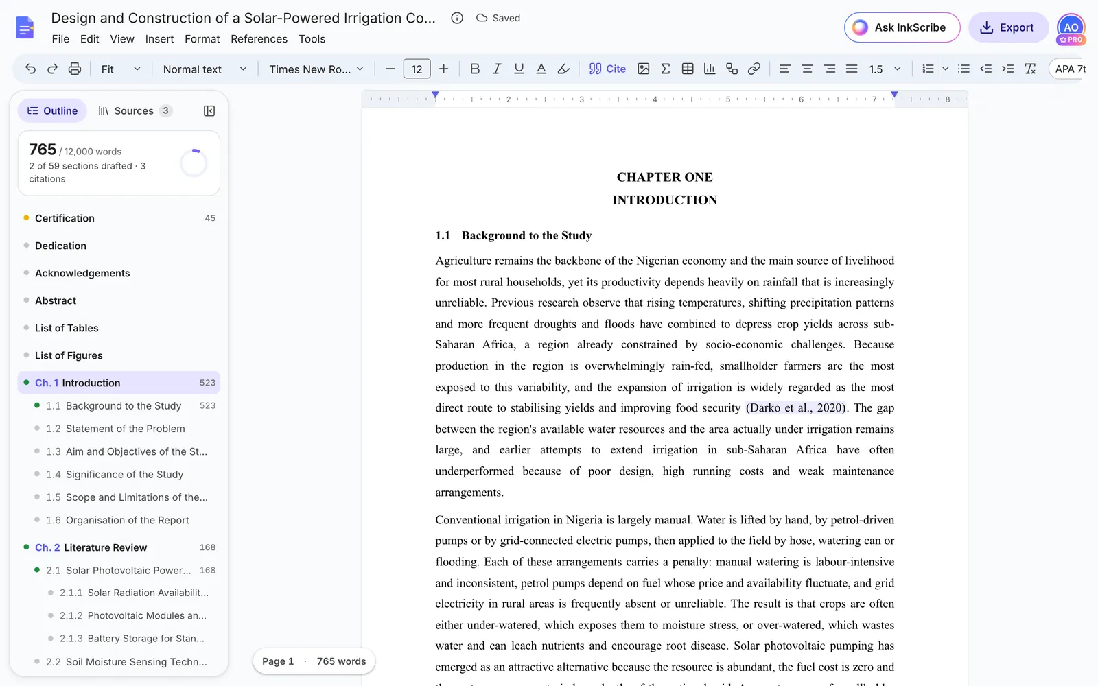 Section 1.1 written in the report with an APA citation, Darko et al., 2020, and the outline showing 1.1 as drafted with 523 words