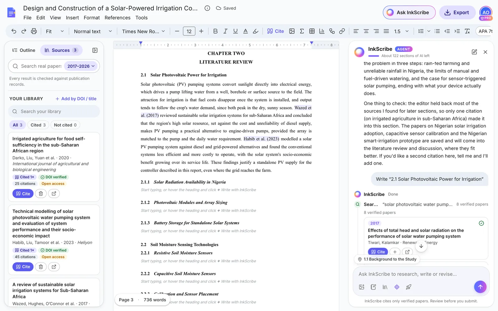 The Sources panel listing three verified papers with DOI verified badges, next to section 2.1 with its citations