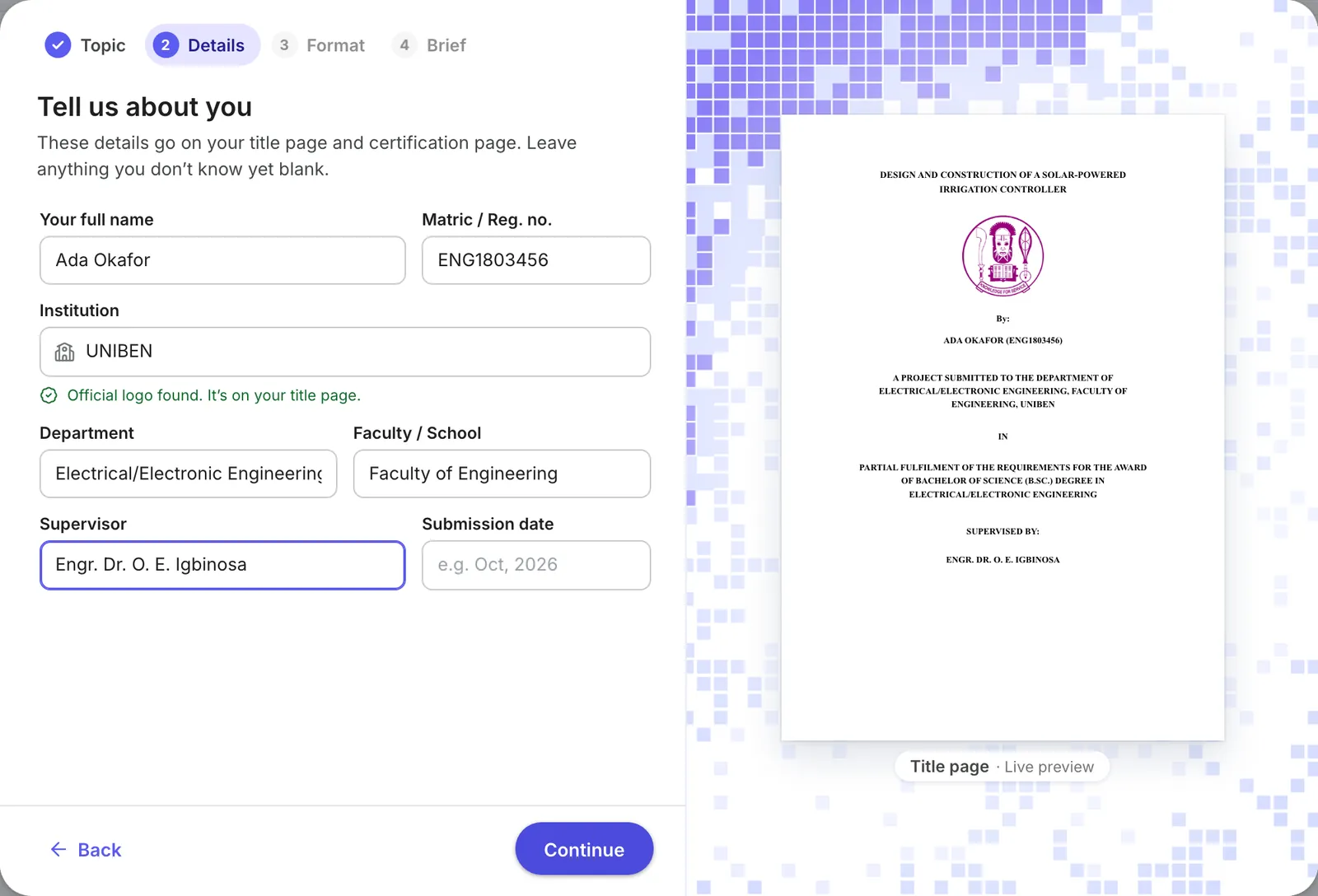The details step with name, matric number, UNIBEN as institution, department, faculty and supervisor; the title page shows the UNIBEN crest