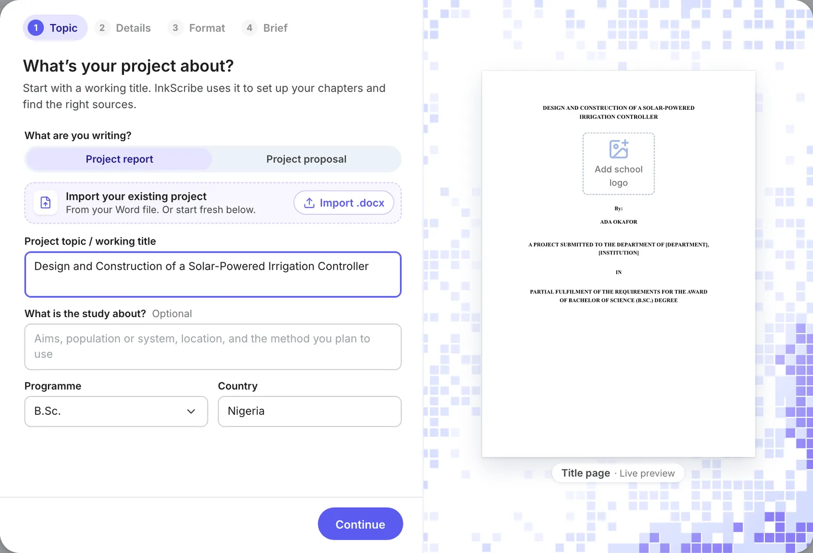 The first step of a new report: choosing project report or proposal and typing the working title, with a live title page preview