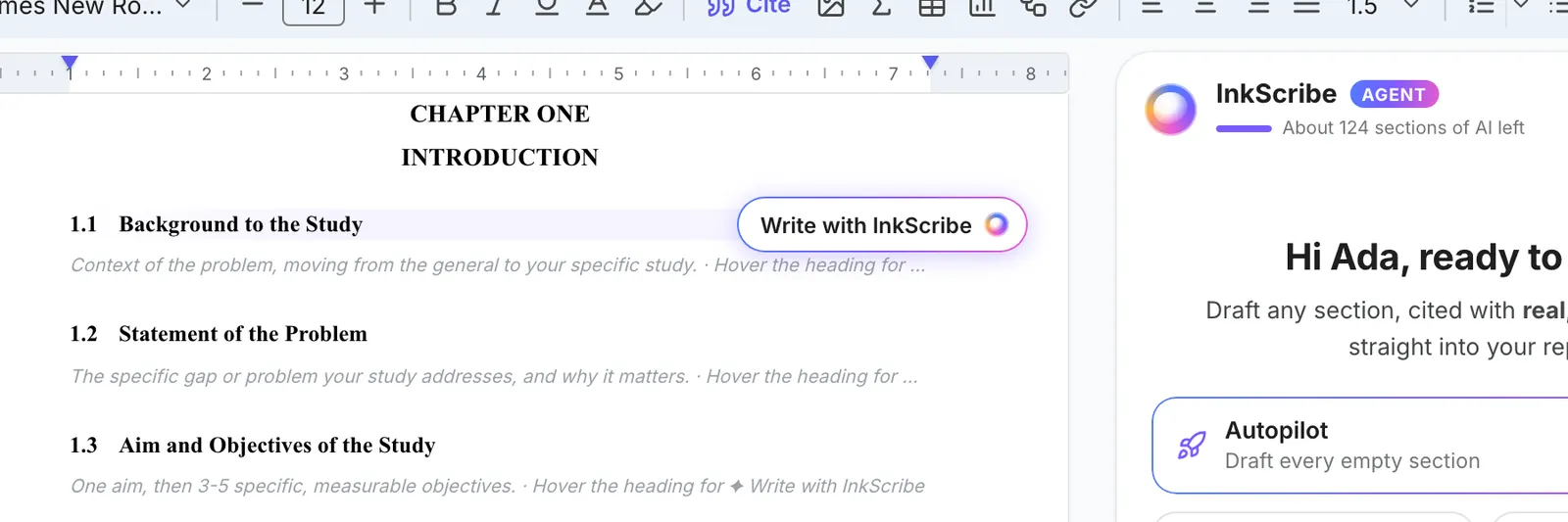 Hovering the heading 1.1 Background to the Study shows a Write with InkScribe button