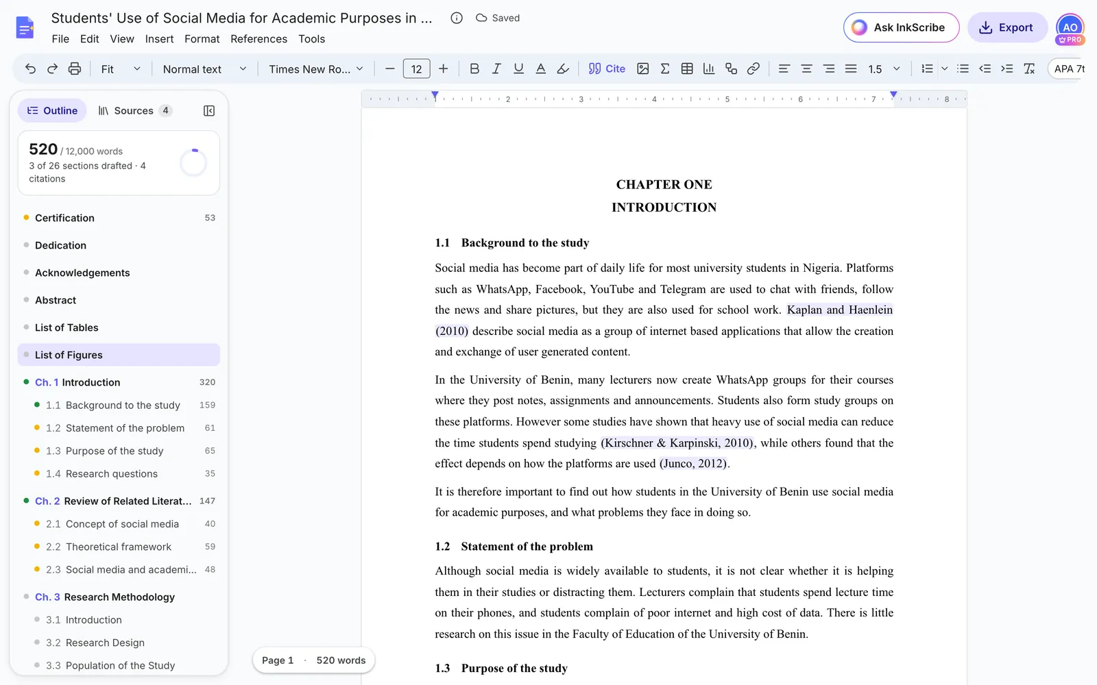 The imported report in the editor: Chapter One with the student’s own background section and live citations, and the outline showing the imported chapters plus the remaining chapters added