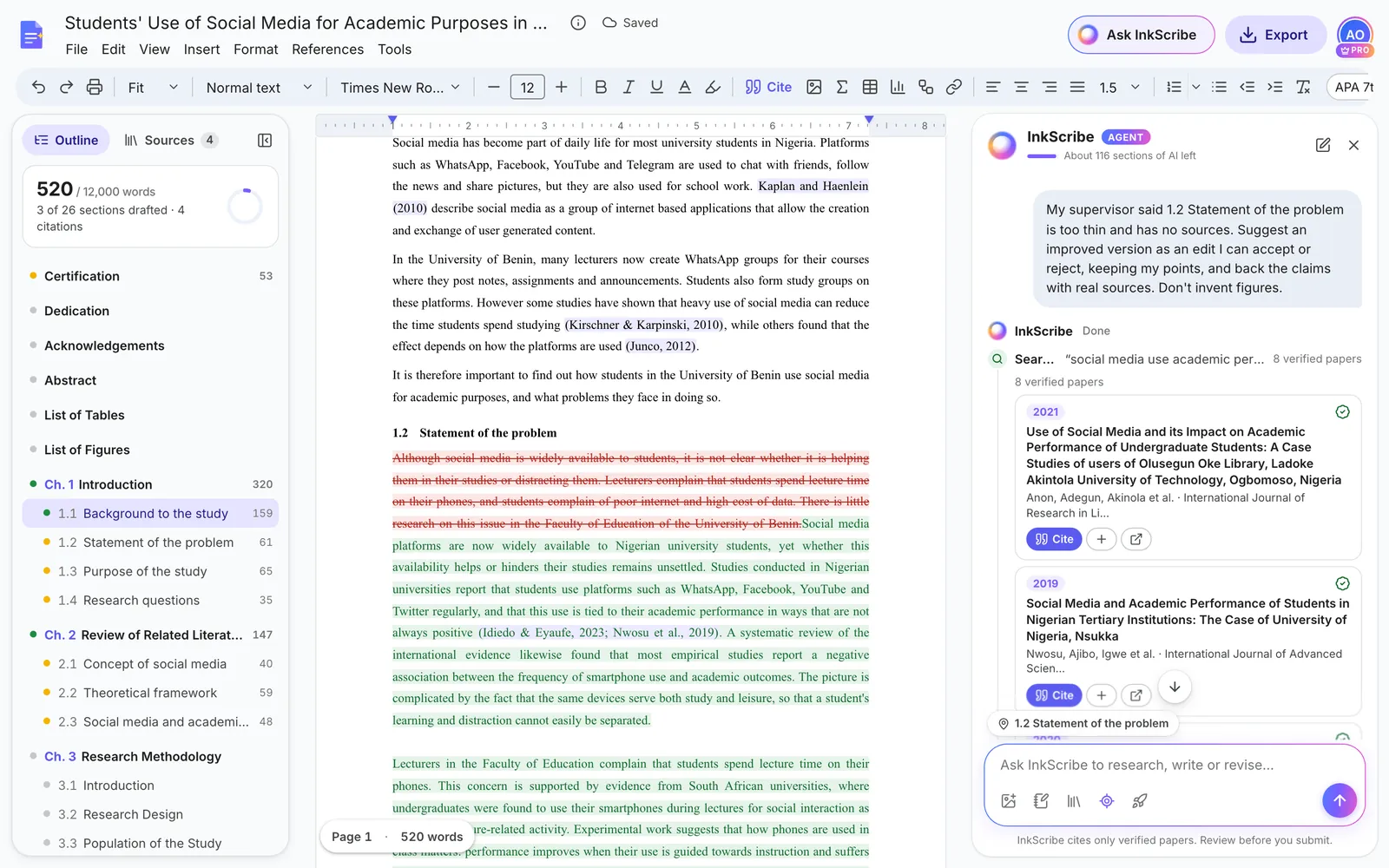 InkScribe’s suggested improvement to section 1.2 Statement of the problem shown in the report, with the old text struck through and the new text, backed by verified papers, in green; the request on the right asks to keep the student’s points and back the claims with real sources
