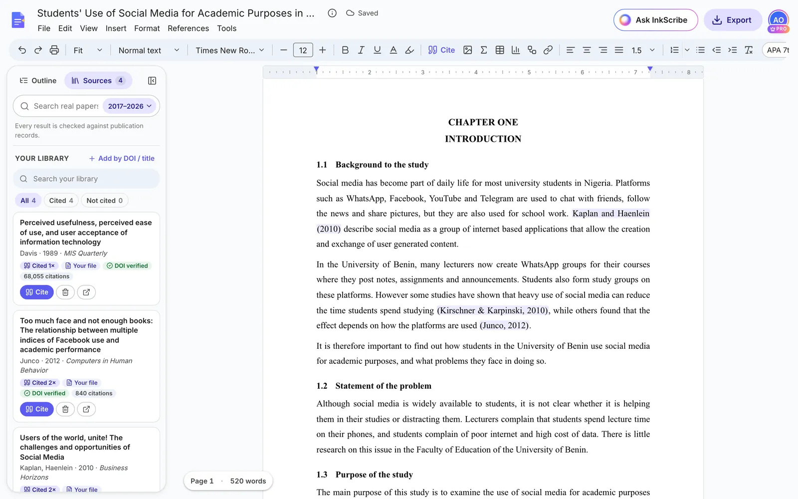 The Sources panel after import: the student’s four references, each marked Your file and DOI verified, with how many times each is cited