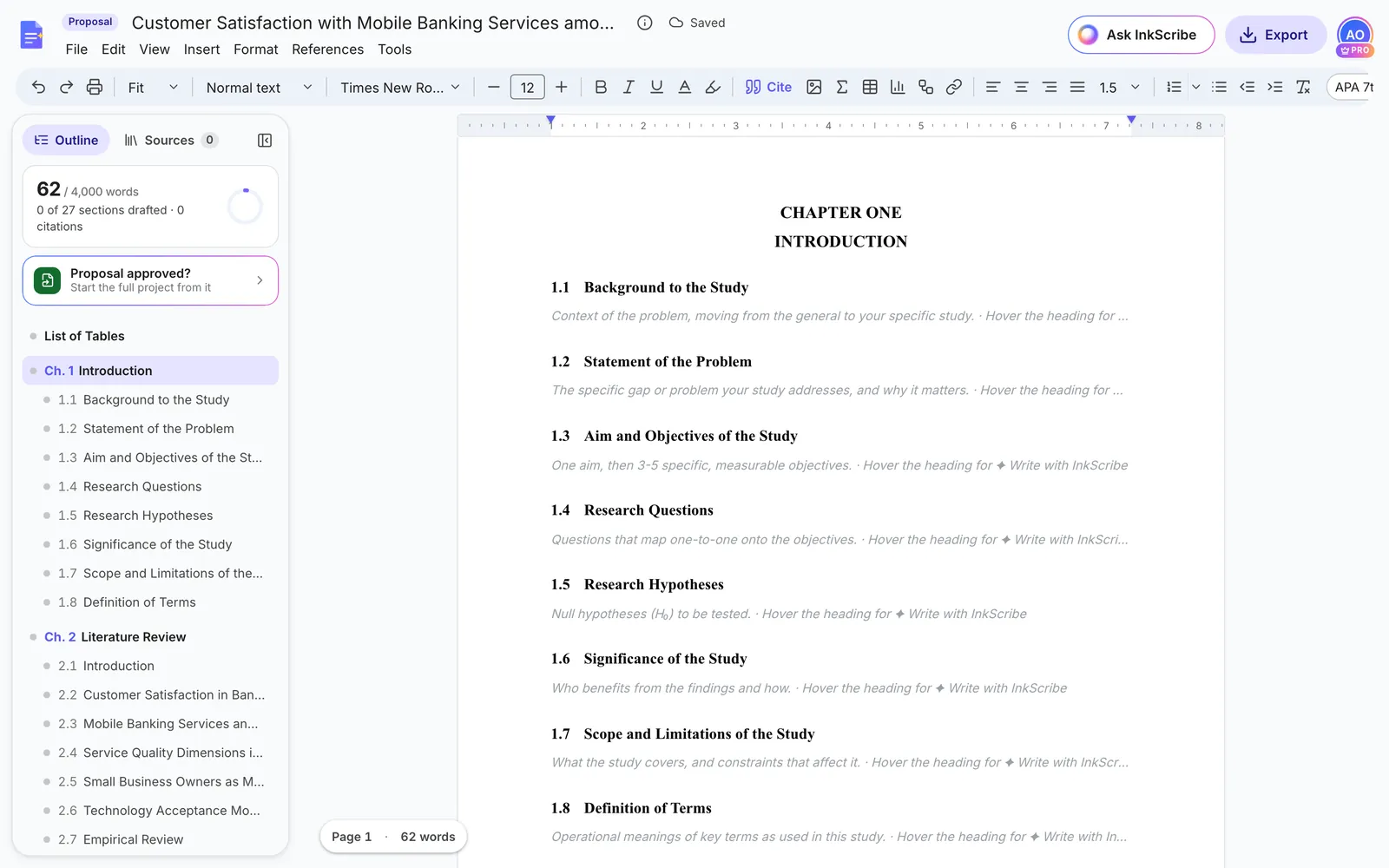 The proposal in the editor: a Proposal label beside the title, Chapter One with research questions and hypotheses, and a card saying Proposal approved? Start the full project from it