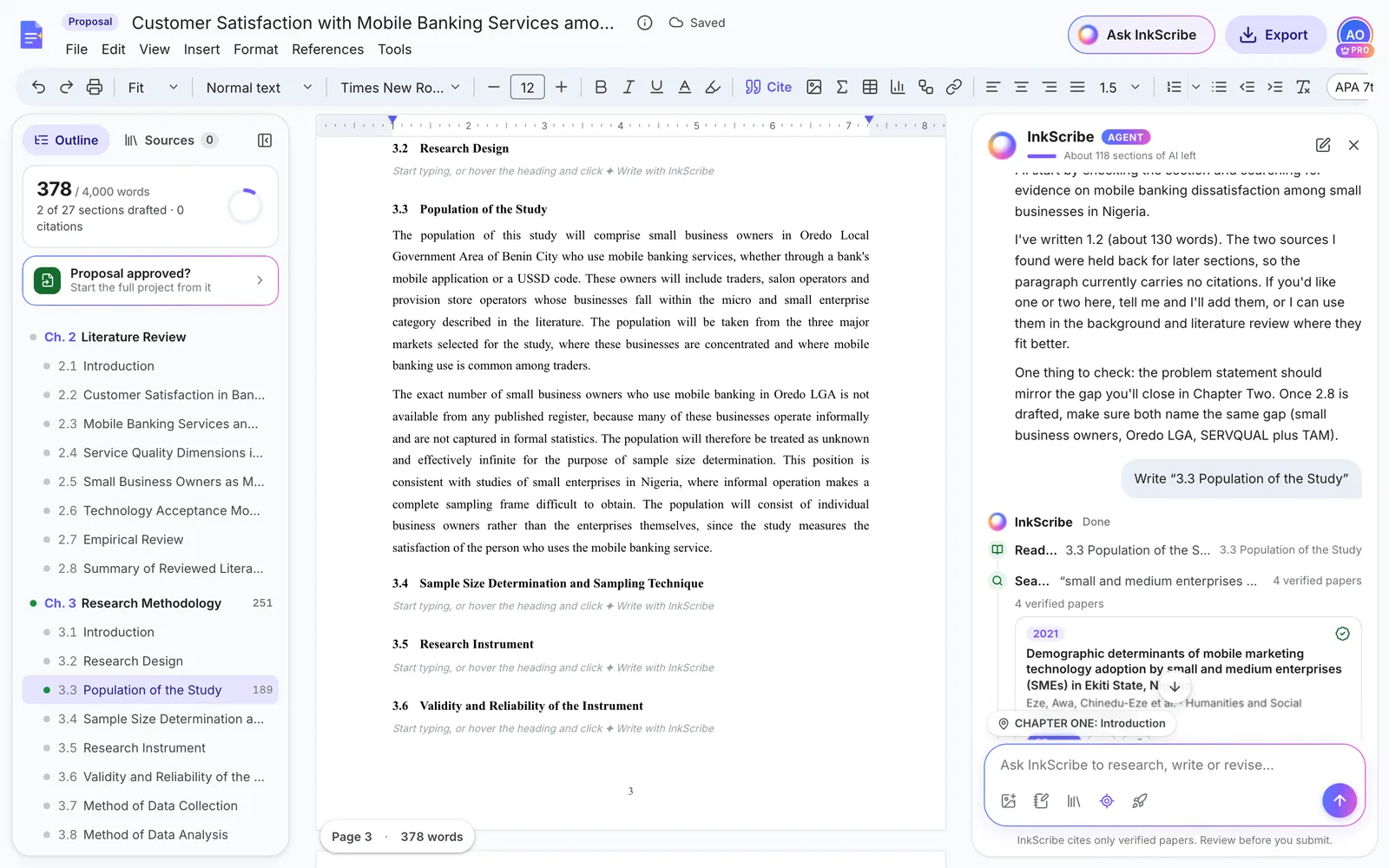 Section 3.3 Population of the Study written in the future tense for small business owners in Oredo LGA, with InkScribe on the right showing verified papers it searched