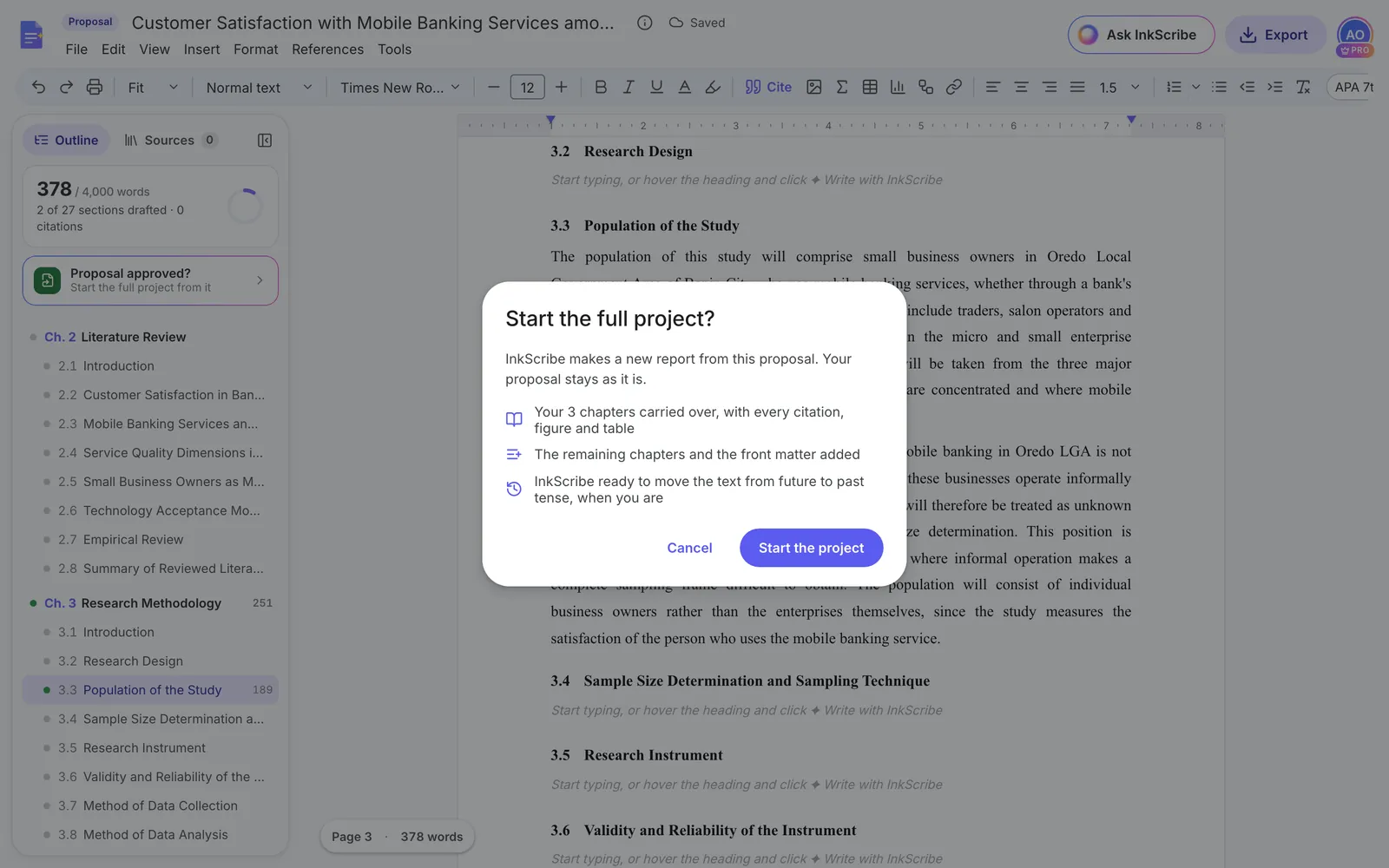 The Start the full project dialog: your 3 chapters carried over with every citation, figure and table; the remaining chapters and front matter added; InkScribe ready to move the text from future to past tense