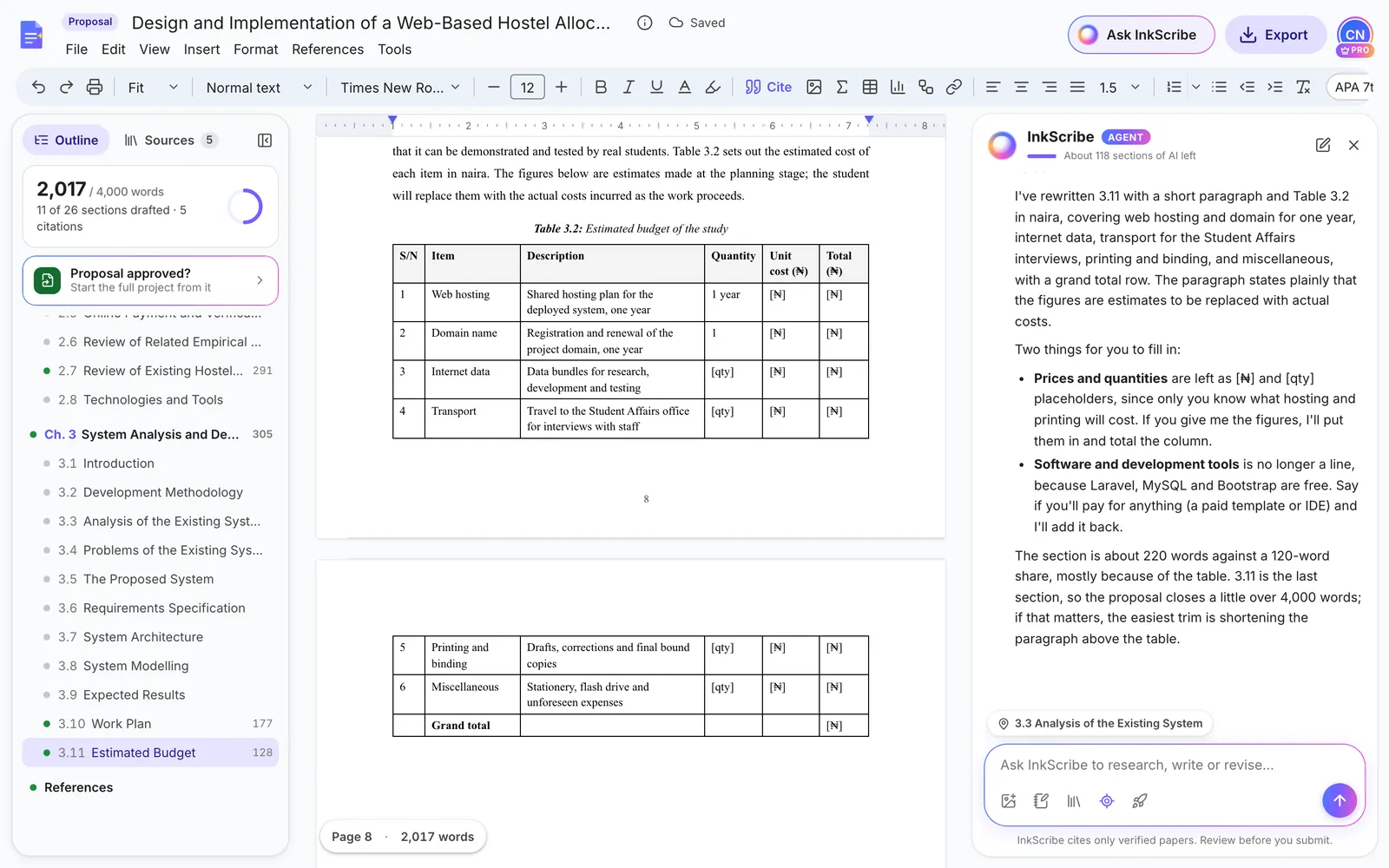 Table 3.2 Estimated budget of the study, with items for web hosting, domain name, internet data, transport, printing and binding, and miscellaneous, and blank placeholders for quantities and costs; InkScribe’s note asks the student to supply the prices
