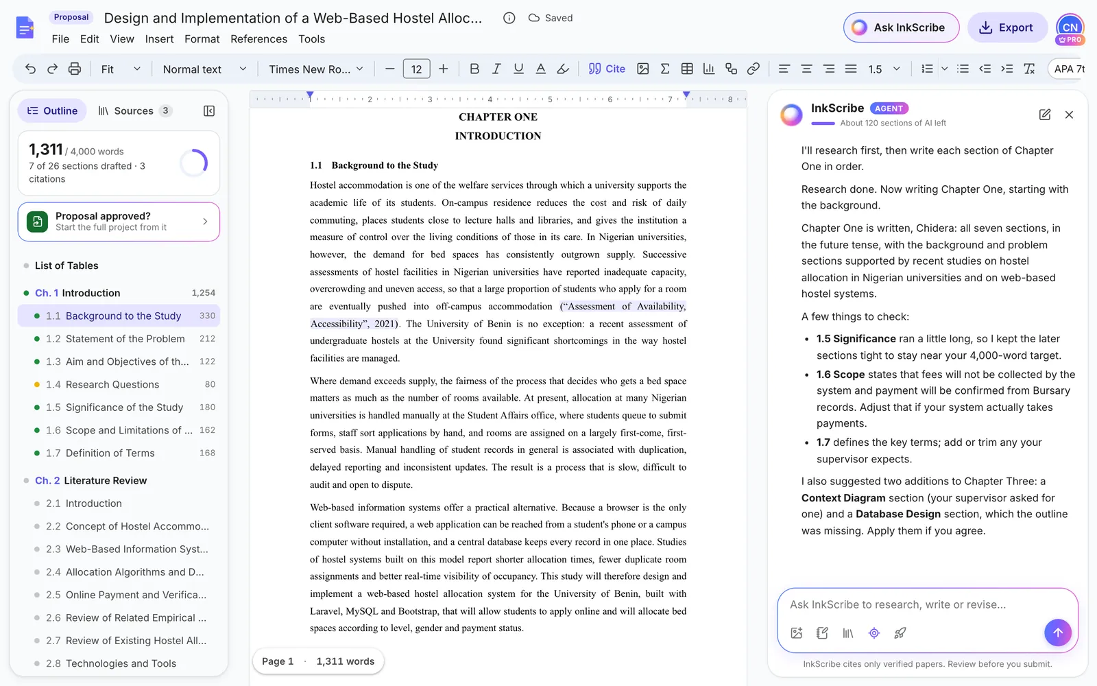 Chapter One written: the background to the study with a citation, the outline showing word counts for sections 1.1 to 1.7, and InkScribe’s summary listing things to check and two suggested sections for Chapter Three