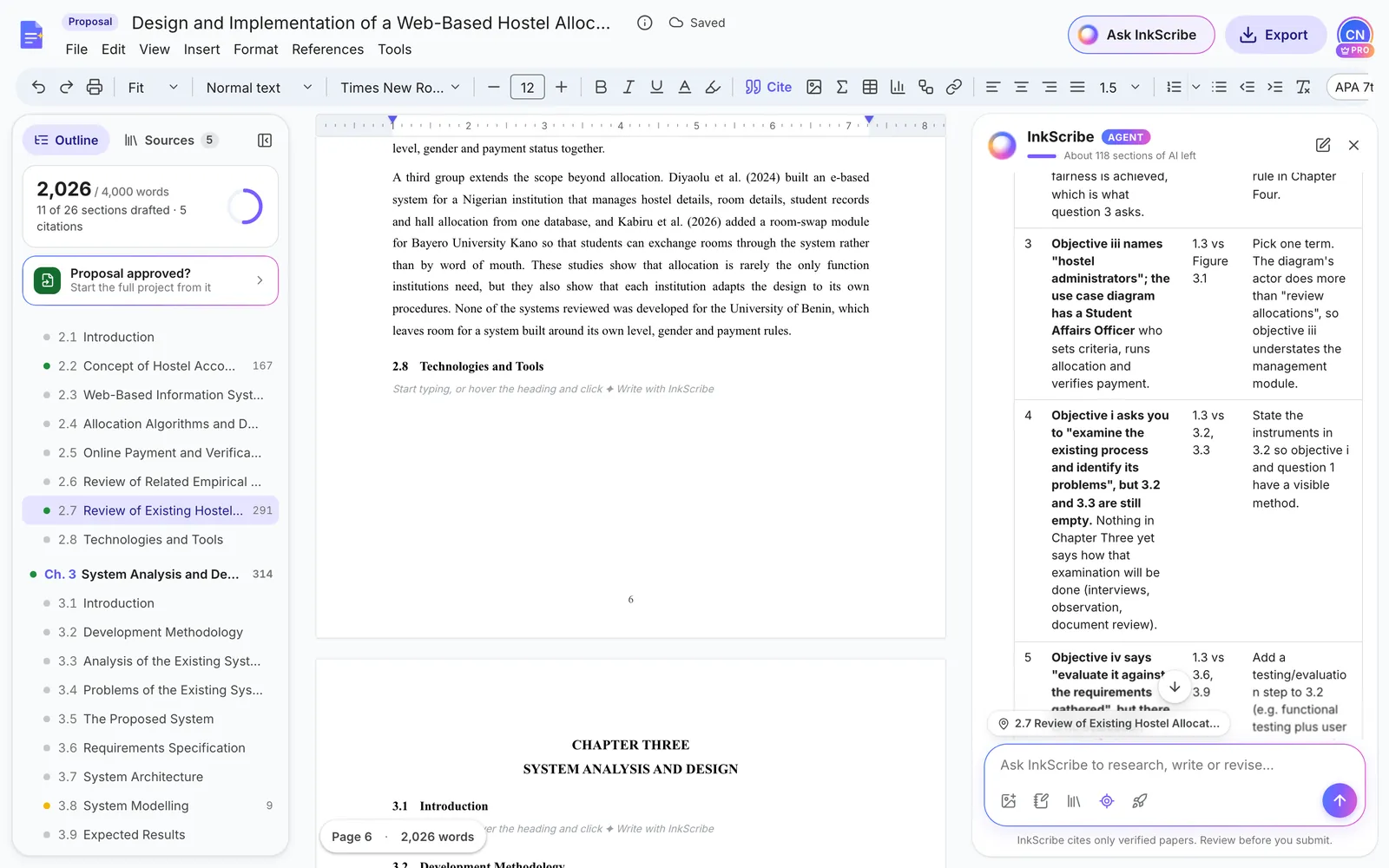 InkScribe’s answer as a table: each mismatch, where it is, and what to do, such as objective iii naming hostel administrators while the use case diagram has a Student Affairs Officer, and objective i having no method yet because 3.2 and 3.3 are empty