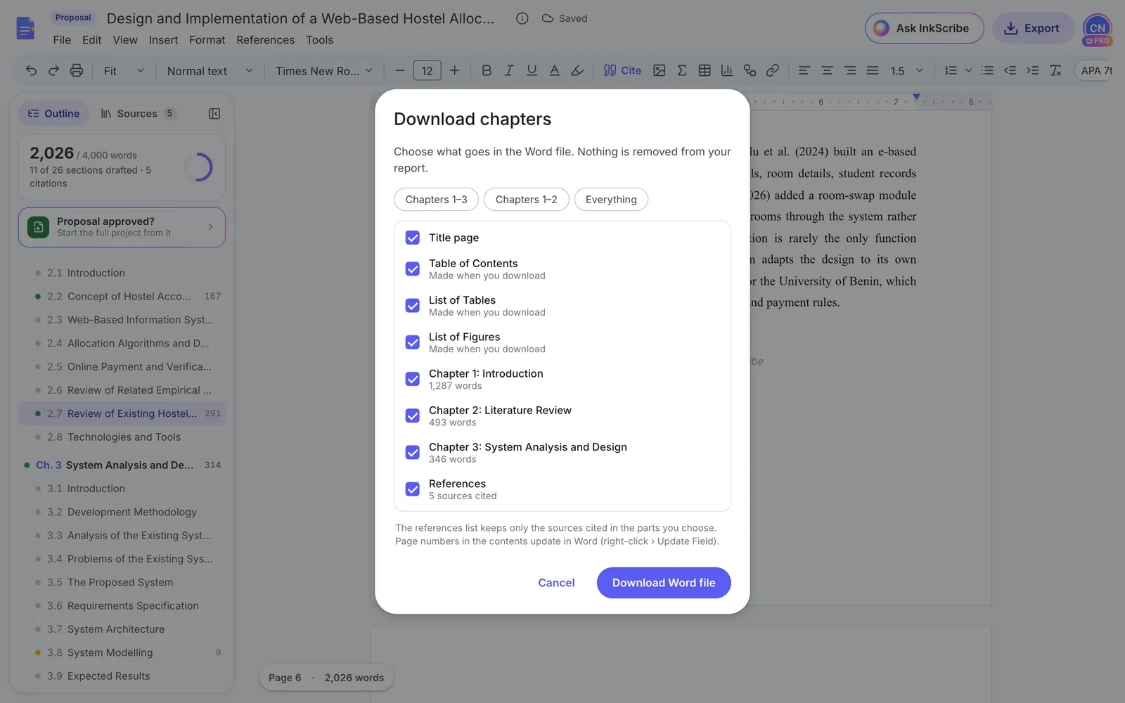 The Download chapters dialog with the title page, table of contents, list of tables, list of figures, Chapters 1 to 3 with word counts, and References with 5 sources cited all ticked