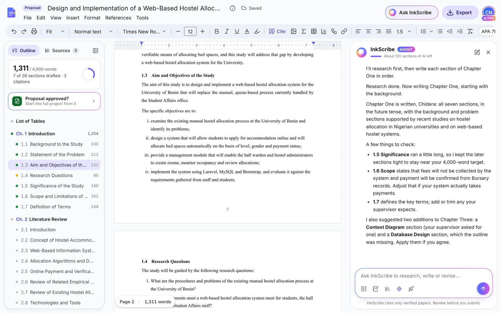 Section 1.3 Aim and Objectives: an aim and four specific objectives, from examining the existing process to implementing and evaluating the system, followed by 1.4 Research Questions