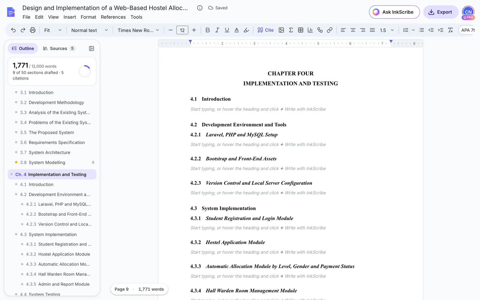 The full project made from the proposal, at Chapter Four Implementation and Testing, with sections for the Laravel, PHP and MySQL setup, the student registration, hostel application and automatic allocation modules, and the hall warden room management module