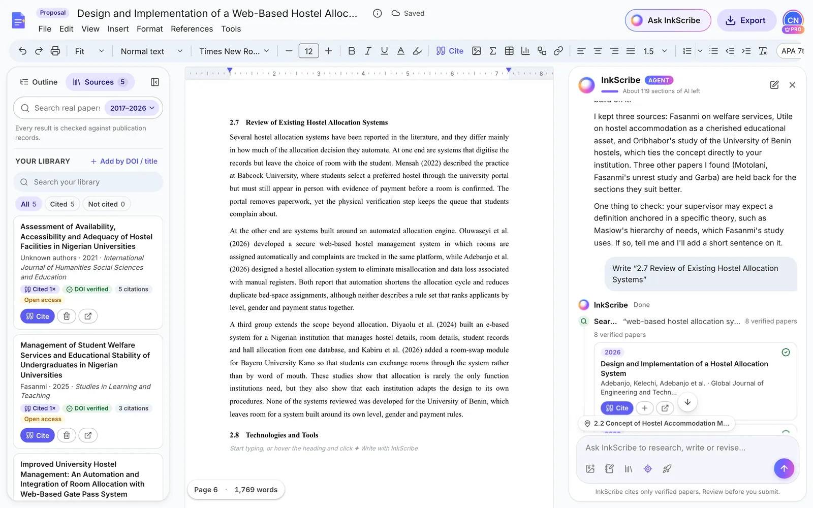 Section 2.7 Review of Existing Hostel Allocation Systems, citing studies from Babcock University and Bayero University Kano, with the Sources panel listing five verified papers and InkScribe’s search returning eight verified papers