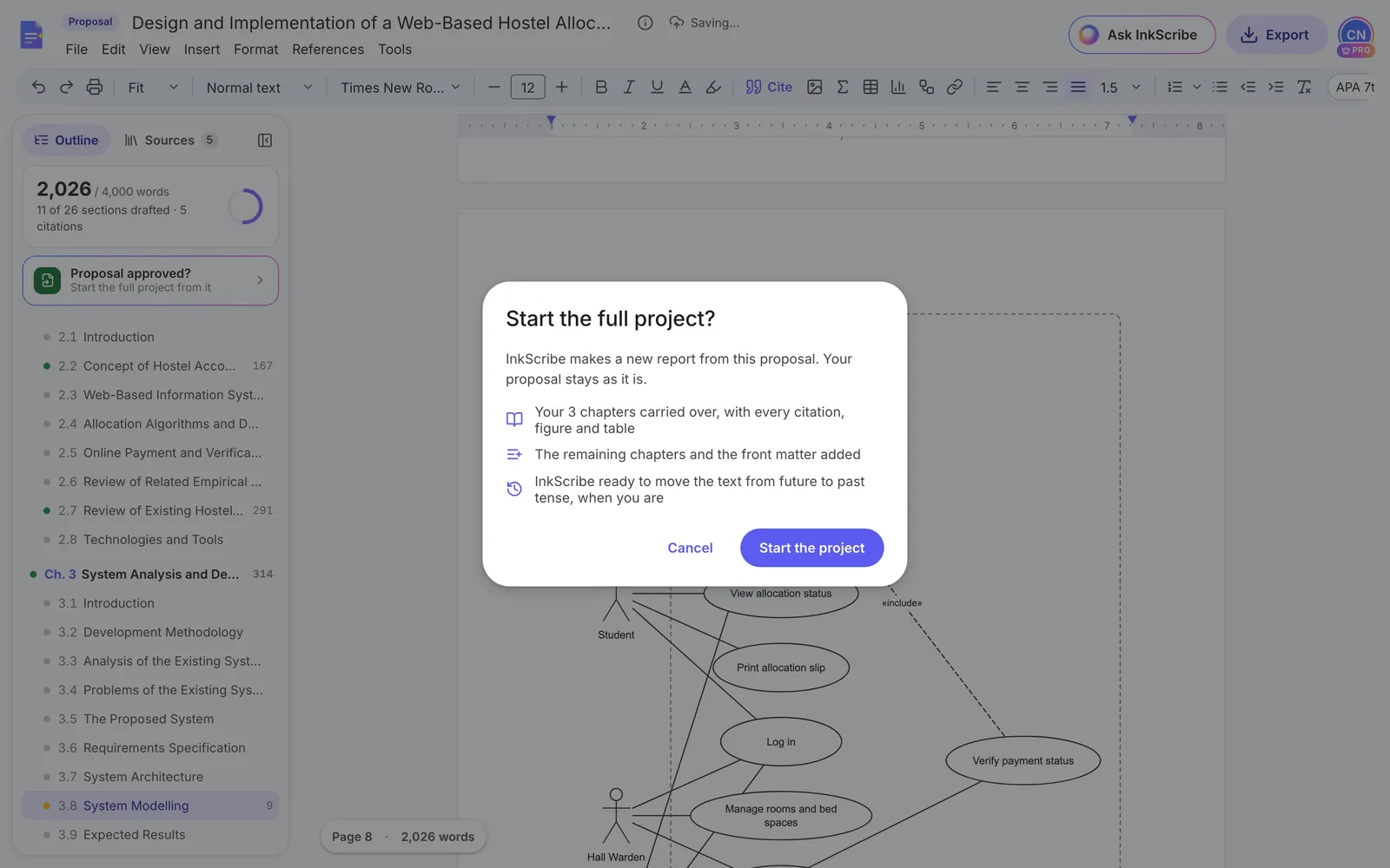 The Start the full project dialog: your 3 chapters carried over with every citation, figure and table, the remaining chapters and front matter added, and InkScribe ready to move the text from future to past tense