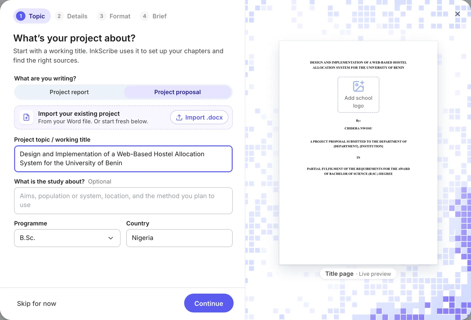 The first step of a new report: Project proposal selected, the hostel allocation title typed, and the proposal title page previewed on the right