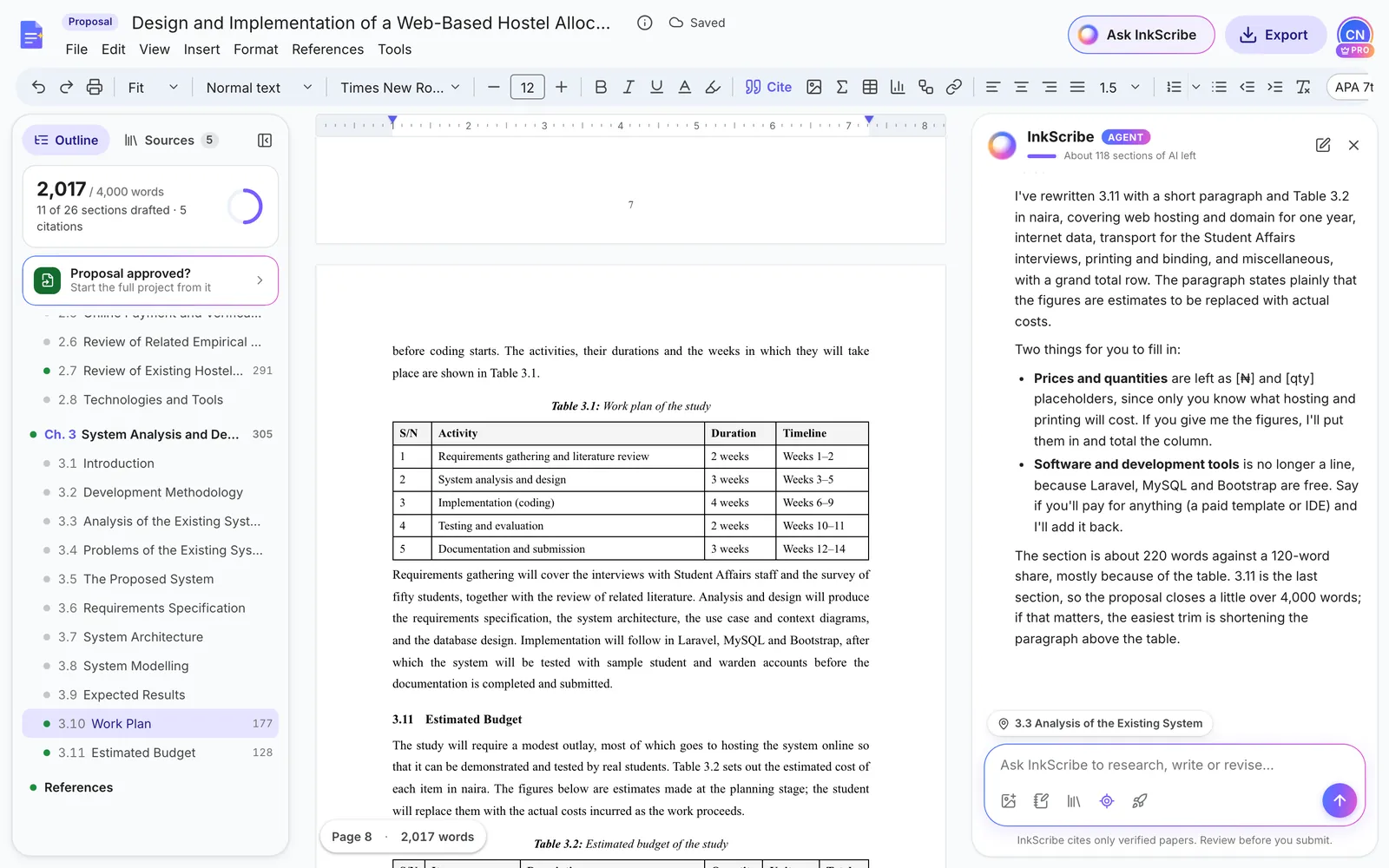 Section 3.10 Work Plan with Table 3.1 listing five activities, their durations and timeline from Weeks 1–2 to Weeks 12–14